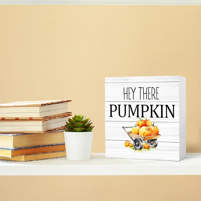 Funny Autumn Wood Box Sign Hey There Pumpkins Wooden Block Desk Decor for Home Office Kitchen Cubicle Table Shelf Tabletop,Farmhouse Fall Sign Decor