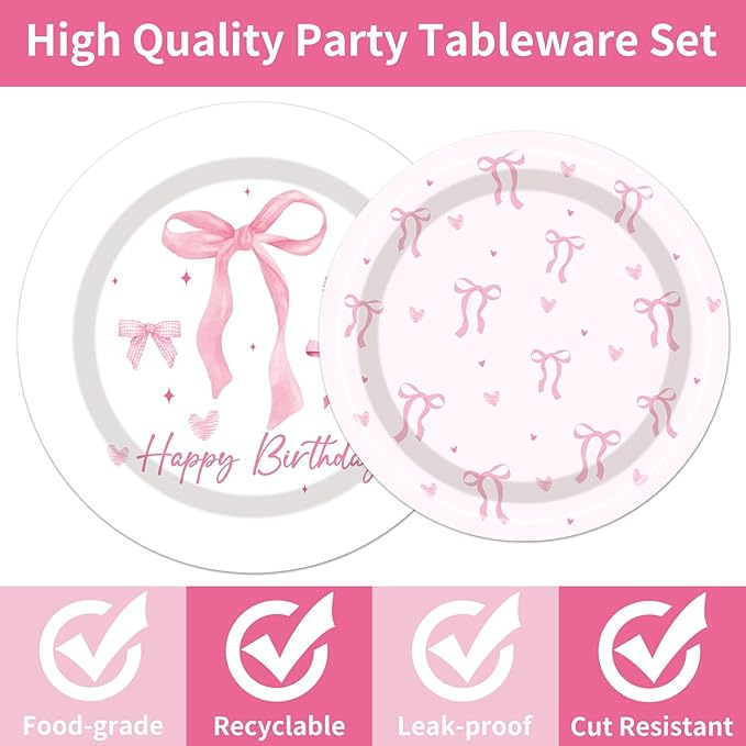 96PCS Pink Bow Plates and Napkins Party Supplies Coquete Birthday Decorations Pink Bow Party Decorations Disposable Bow Themed Tableware Set for Girl Women Serve 24 Guests