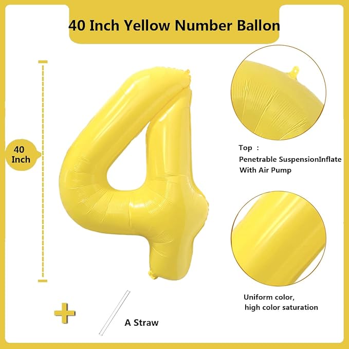 40 inch Yellow Number Balloon Giant Foil Helium Balloons Number 4 Balloon for 4th Birthday Party Decorations