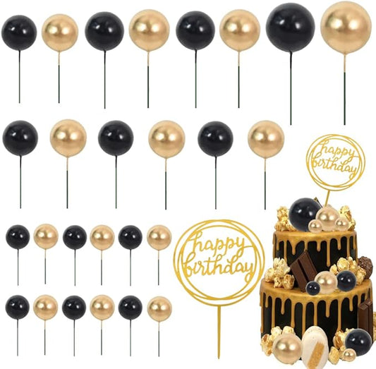 BEISHIDA Cake Topper Gold 27 Pack Cupcake Topper with Mini Balls, Happy Birthday Acrylic Toppers, Cake Decorations with Insert Pick DIY for Anniversary Wedding Baby Shower Party(Gold/Black)