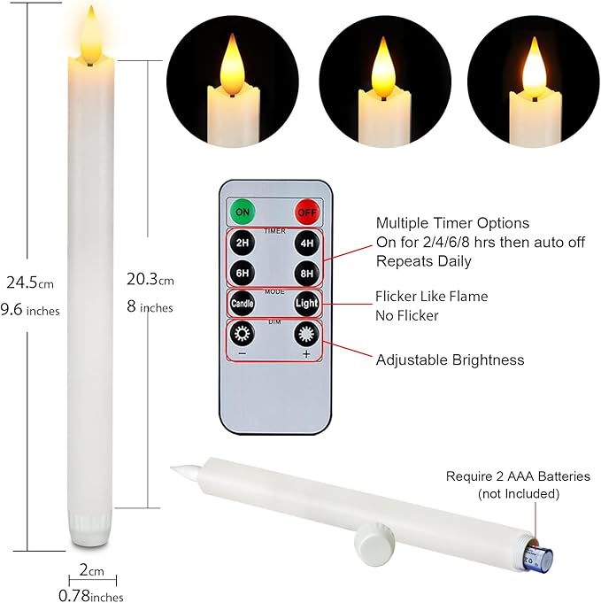 Homemory 12 Pcs Waxy Flameless Taper Candles with Remote, Flickering Battery Operated, LED Flameless Candlesticks, Classic Tall Taper Candles for Home, Wedding, Party, White, 9.6 inches
