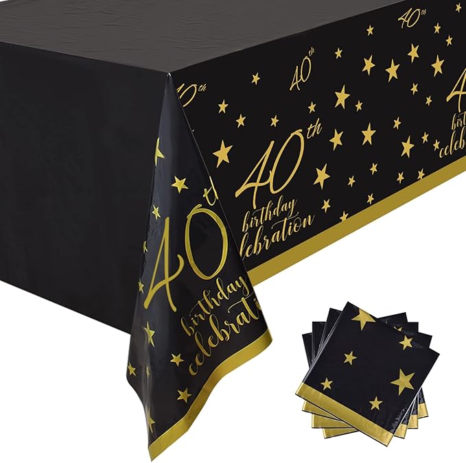 Gatherfun 40th Birthday Disposable Tablecloth 4 Pack Gold and Black Waterproof Plastic Table Cover for Men Woman 40 Birthday Party Decorations