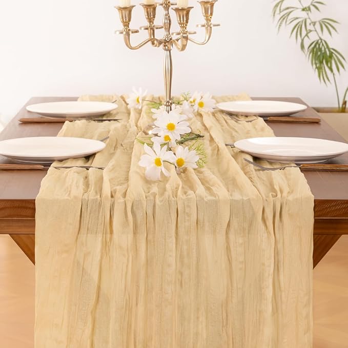 Socomi Gold Champagne Cheesecloth Table Runner Fall Thanksgiving Boho Rustic Gauze 120 inch 10FT Cheese Cloth Runner for Wedding Party Baby Shower Birthday Home Decor Holiday Decorations