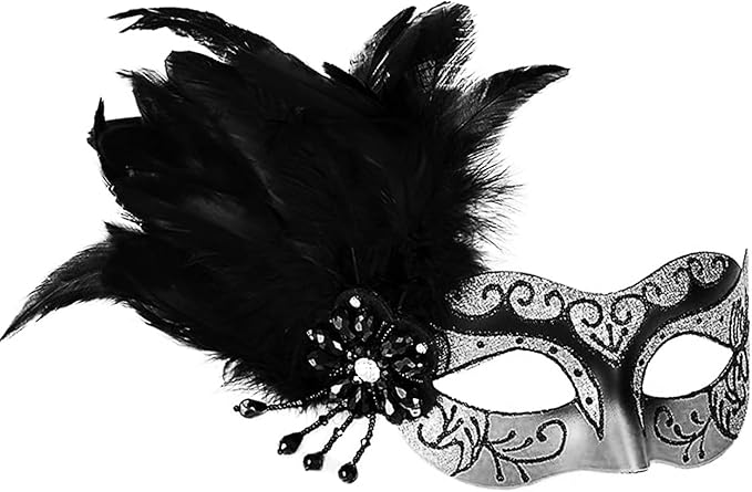 Masquerade Mask for Women Shiny Venetian Mask for Halloween Mardi Gras Costume Party Ball with Feather flower dec.