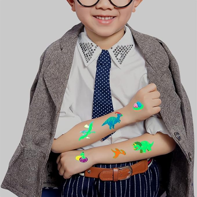 Dinosaur Glow Temporary Tattoos for Kids,Dinosaur theme Luminous Tattoos Stickers,Glow In The Dark Tattoos for Boys and Girls,Face Makeup Fake Tattoo,Holiday Party Supplies Gifts for Children