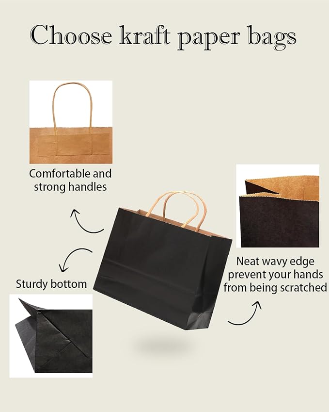 qiqee 30-Packs Black Gift Bags with Handles Bulk 13"x4.5"x10" Wide Large Size Kraft Party Paper Bags