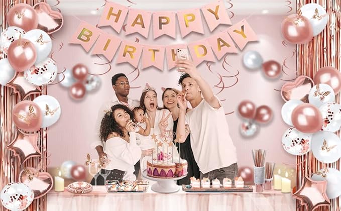 236 Pcs Birthday Decorations For Women, Rose Gold Party Decorations Kit For Girls Or Women - Butterfly, Hanging Swirl, Balloon Stand, Sash, Tiara, Banner, Balloon, Tableware For 25 Guest