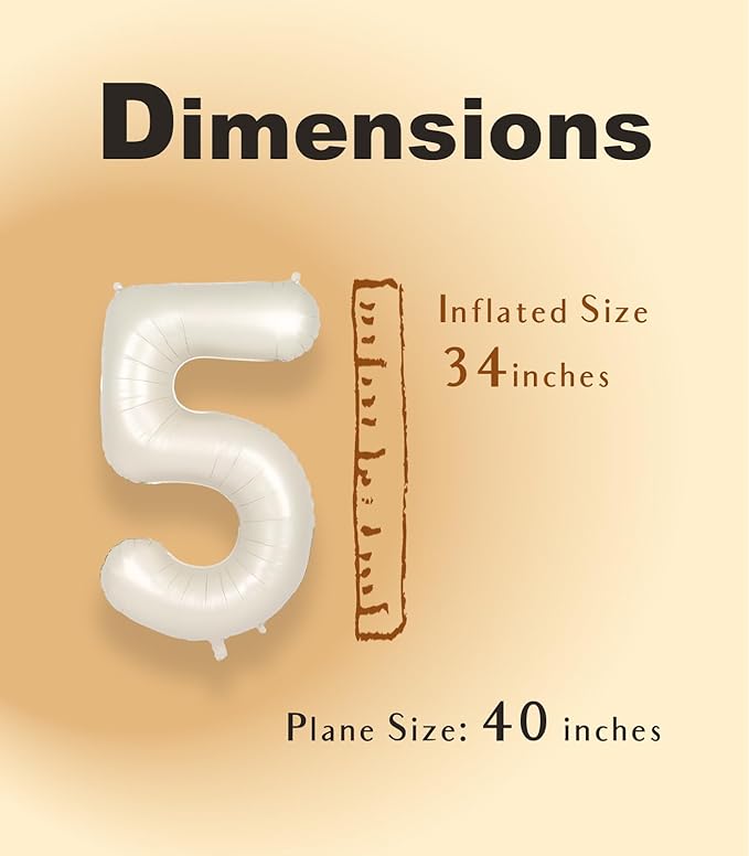SUWEN 40 Inch Cream White Large 5 Number Balloons Big Foil Helium Number Balloons 0-9 Jumbo Happy 5th Mylar Birthday Party Decorations for Boy or Girl Anniversary Party Supplies