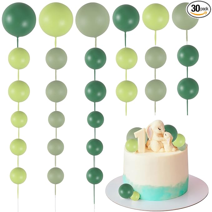 Gyufise 30Pcs Mini Balloon Cake Topper Foam Ball Cake Picks Faux Pearl Balls DIY Cake Decoration for Baby Shower Wedding Anniversary Birthday Party Supplies Green Dark Green Light Green