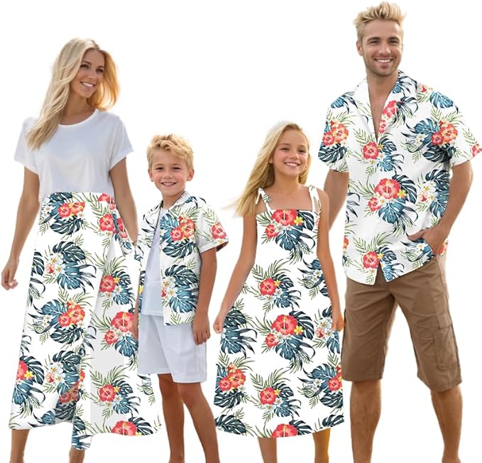 Cromoncent Matching Hawaiian Outfits for Family, Dad and Son Matching Luau Beach Tropical Shirts Mommy Daughter Tropical Sets