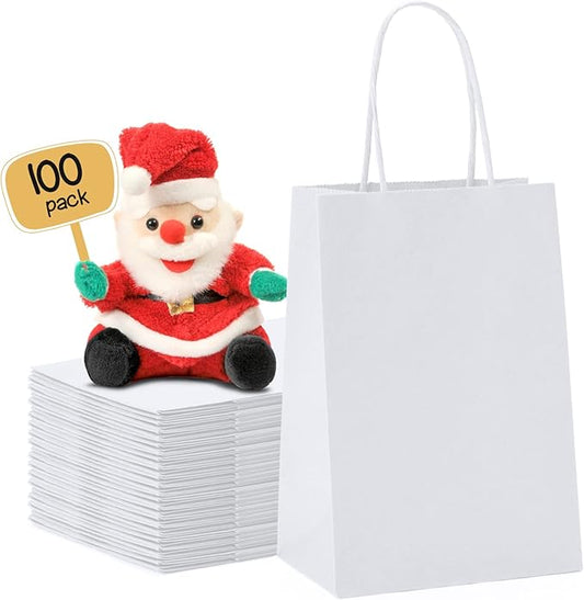 METRONIC Gift Bags 5.25x3.75x8 100Pcs, White Paper Bags with Handles, Kraft Paper Bag for Small Business, Paper Bag for Birthday Party Favors, Shopping