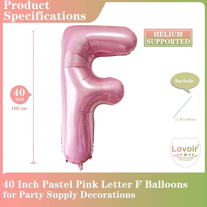 Pink Letter F Balloons, 40 Inch Pastel Pink Letter Balloons F Foil Mylar Helium Pink Letter Balloons for Birthday Party Supplies Anniversary Event Celebration Decorations Alphabet Pink F