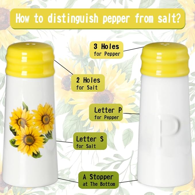 Salt and Pepper Shakers - Farmhouse Sunflower Salt and Pepper Shakers Set with Metal Holder & Refill Funnel, Countryside Dining Accessories for Cottage Homes & Outdoor Picnics (Gift Box Ready)