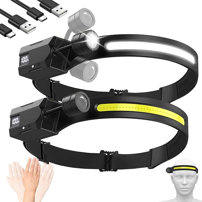 Led Headlamp (2 Pack), Rotate & Removable Flashlight and COB LED Head Lamp, 230° COB Super Bright Forehead Light, Motion Sensor 2 Light Source Headlamp for Job Site, Running, Camping Essentials Gear