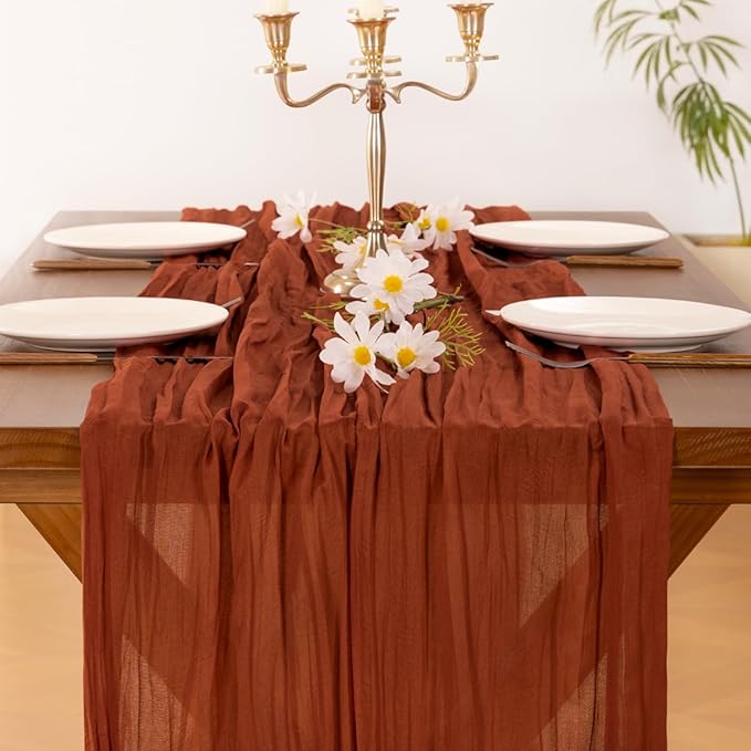 Socomi Fall Thanksgiving Cheesecloth Table Runner 3pcs Terracotta Boho Rustic Gauze 120 inch 10FT Cheese Cloth Runner for Wedding Party Baby Shower Birthday Home Decor Holiday Decorations