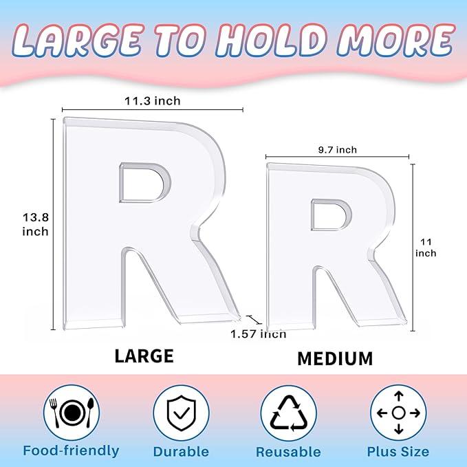 13.8" Extra Large Acrylic Letter Charcuterie Board Box, Reusable Fillable Letter Cake Candy Dish Display Serving Tray for Birthday Anniversary Party Decoration (R)