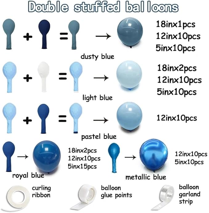 Dusty Blue Balloon Arch Double Stuffed Light Dark Blue Balloons Different Size Blueberry Balloon Garland Kit for Baby Shower Birthday Wedding Bridal Christmas New Year Party Decorations