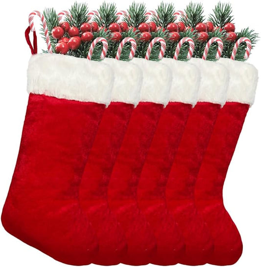 6 Pieces Large Christmas Stockings 20Inch Traditional Soft Classic Red Plush Xmas Stocking for Family Holiday Decorations Xmas Tree Fireplace Mantel Décor Merry Christmas(Red-Velvet-Large)