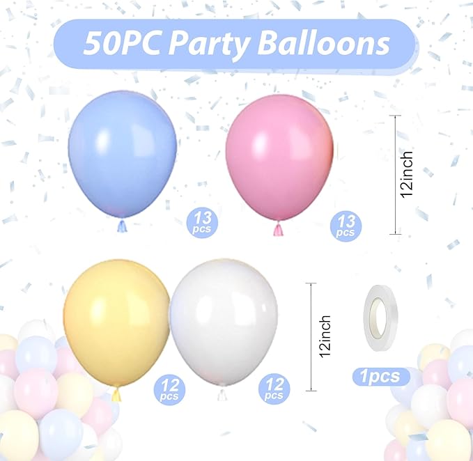 Pastel Balloons, 50pcs Pink Blue Yellow Balloons, Matte White Macaron Yellow Pink and Blue Balloon for Boy Girl Birthday Rainbow Party Baby Shower Bridal Shower Wedding Easter Decorations