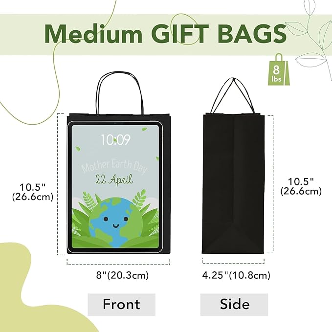 MESHA Gift Paper Bags 400 Pack 8X4.25X10.5 Black Medium Shopping Kraft Bags Bulk with Handles Reusable for Business,Grocery,Birthday,Wedding,Kids Party,Favors