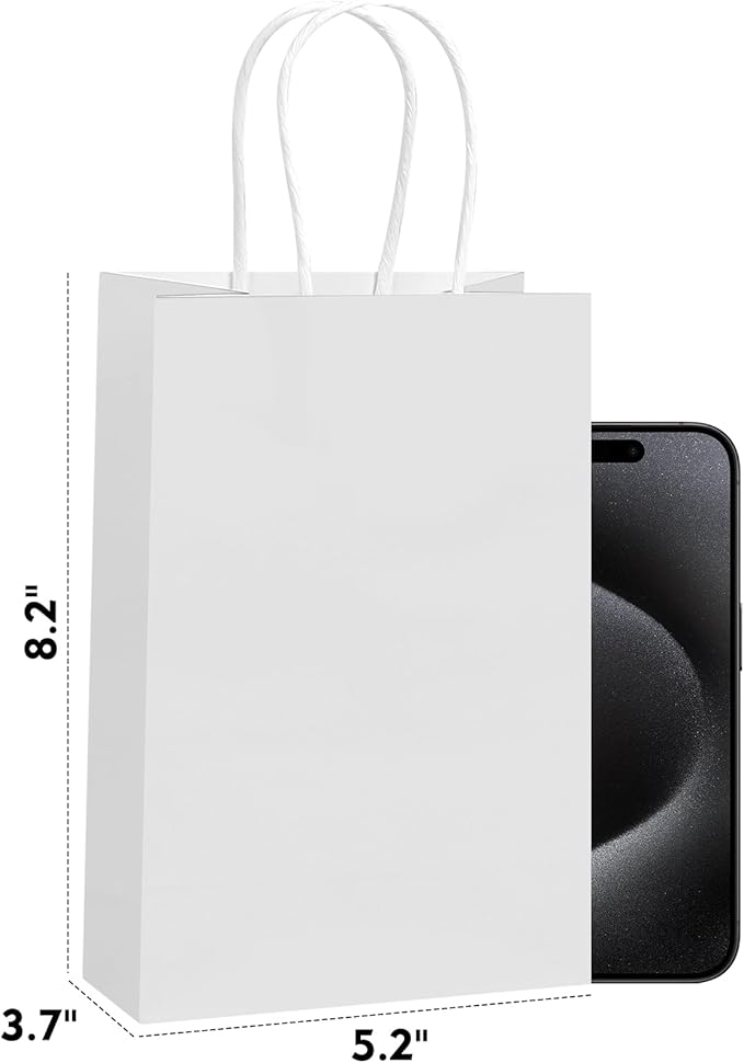 REMTAP Kraft Paper Bags with Handles - Bulk Gift Bags for Wedding, Party, Retail Packaging - White, 100pcs, 5.2 * 3.7 * 8.2