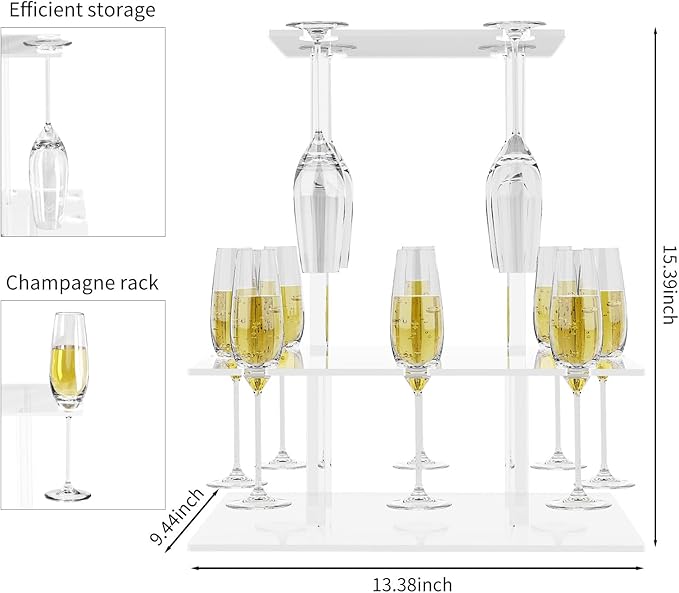 Champagne Tower, Rectangle Acrylic Drink Tower and Cocktail Tree Stand Wine Rack with 12 Slots, 2 Tiers Floating Sight Champagne Flute Holder for Party, Wedding, School, Celebration, 13.3x9.4x14.9 inch