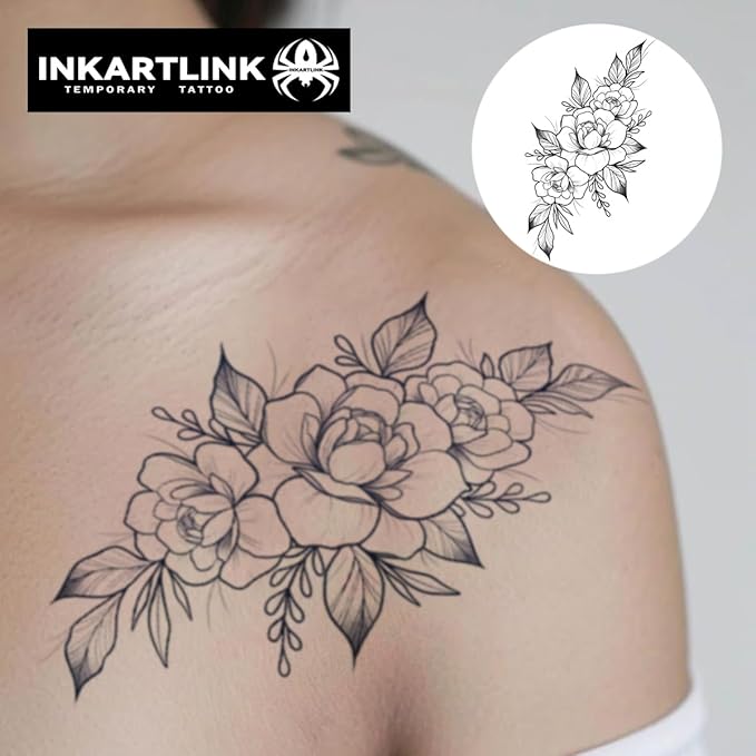INKARTLINK Tattoo Tech, 2 Sheets Extra Large Semi Permanent Tattoo, Adult Art Design Temporary Tattoos, Lasts 1-2 Weeks, Waterproof, Realistic Look, No Adhesive, No Reflection (Flower)202
