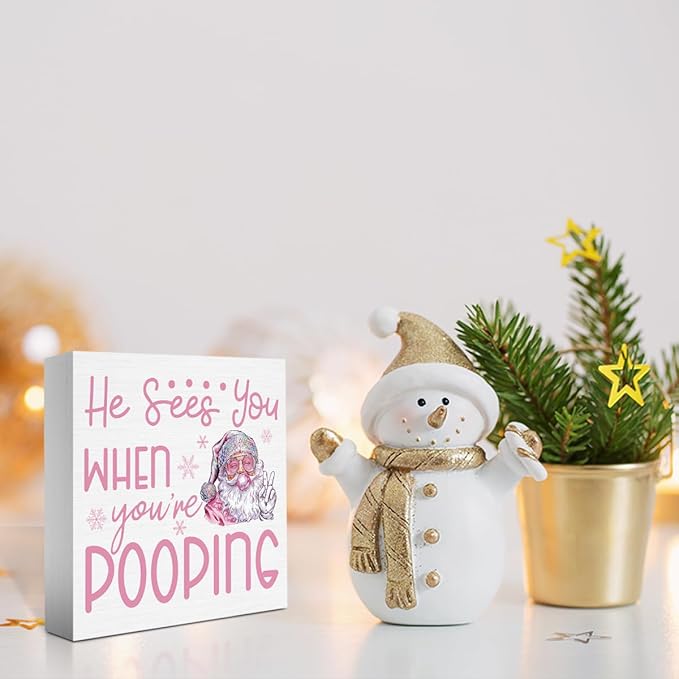 He Sees You When You're Pooping Bathroom Sign Christmas Bathroom Decorations Funny Pink Christmas Retro Santa Decor for Home Desk Table Shelf 5 X 5 Inch