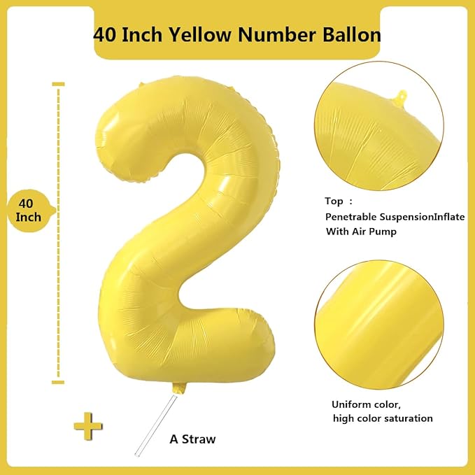 40 inch Yellow Number Balloon Giant Foil Helium Balloons Number 2 Balloon for 2nd Birthday Party Decorations