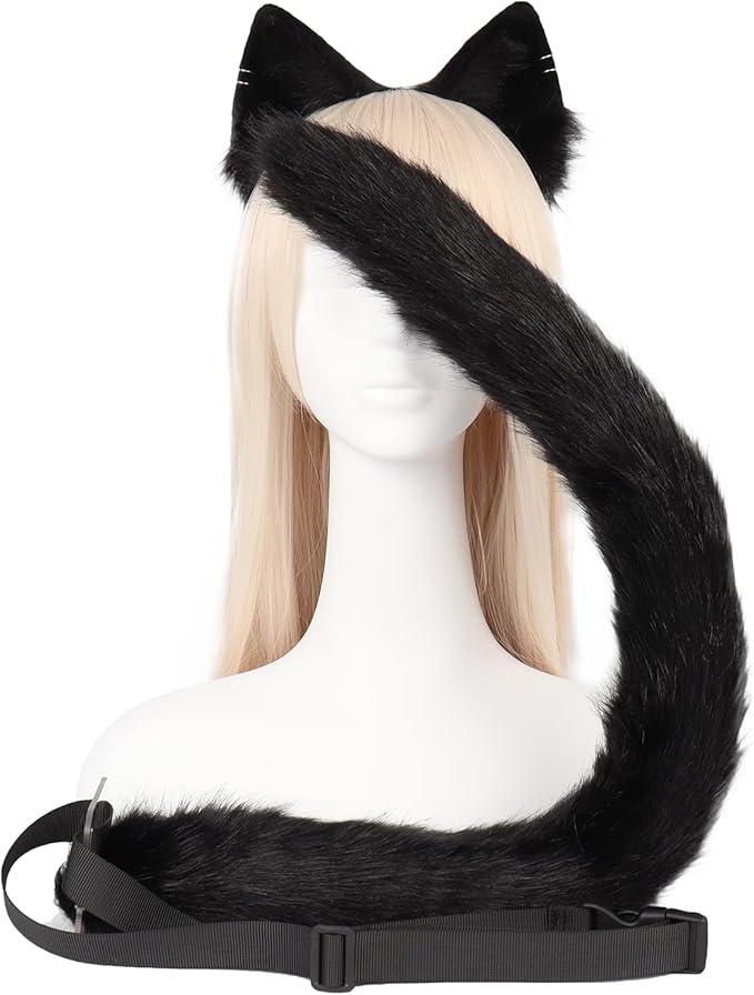 QinRuan Animal Cosplay Costume Accessories Furry Faux Fur Cat Ears Headband and Fox Tail Set Halloween Accessory