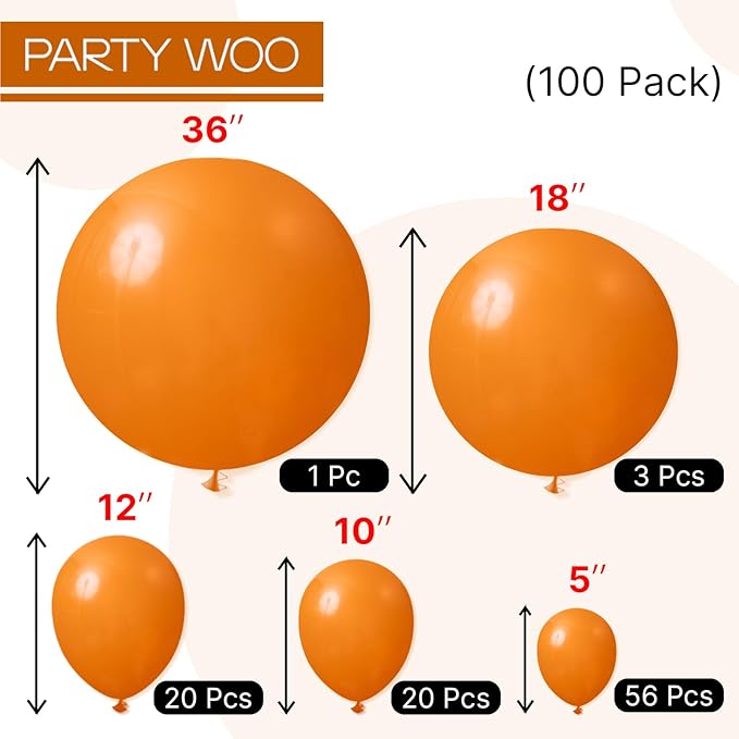 PartyWoo Burnt Orange Balloons 100 pcs Orange Balloons Different Sizes Pack of 36 18 12 10 5 Inch Terracotta Balloon Garland Arch Kit for Thanksgiving Halloween Fall Party Decorations Orange-F53