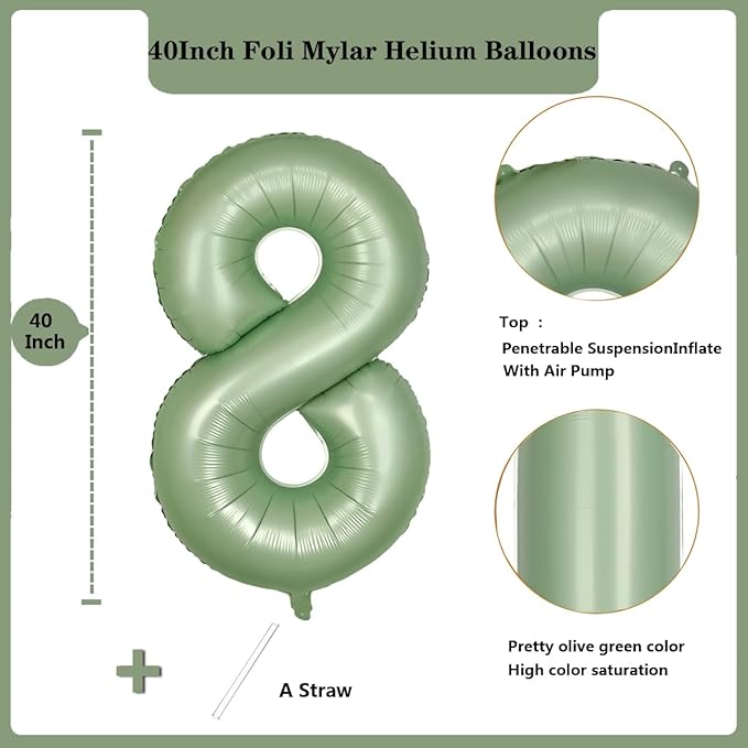 40 Inch Green Number Balloon 8 Olive Green Foil Balloon Sage Green 8 Balloons Mylar Helium Balloon for Birthday Party Decorations Girls Boys Baby Shower Wedding Anniversary Decoration (Number 8)