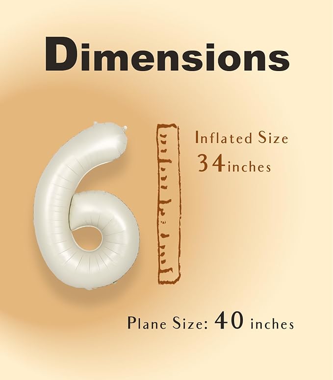 SUWEN 40 Inch Cream White Large 6 Number Balloons Big Foil Helium Number Balloons 0-9 Jumbo Happy 6th Mylar Birthday Party Decorations for Boy or Girl Anniversary Party Supplies