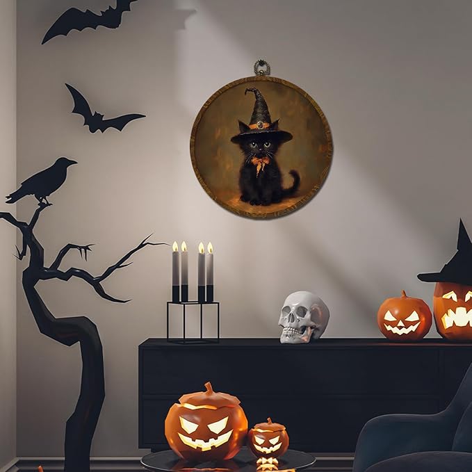 Funny Halloween Black Cat Round Wall Art,Gothic Canvas Print Wall Hanging Decor, Spooky Farmhouse Vintage Round Wall Art for Bedroom Living Room Entryway, Rustic Cat Gothic Wall Decor,Gift for Halloween(Black-Cat)