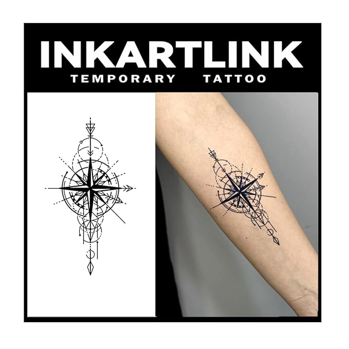 INKARTLINK Tattoo Tech, 2 Sheets Large Semi Permanent Tattoo, Adult Art Design Temporary Tattoos, Lasts 1-2 Weeks, Waterproof, Realistic Look, No Adhesive, No Reflection (Compass Knight Design)