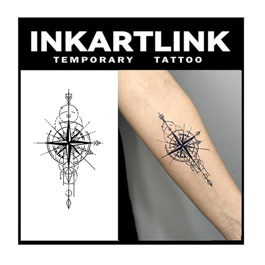 INKARTLINK Tattoo Tech, 2 Sheets Large Semi Permanent Tattoo, Adult Art Design Temporary Tattoos, Lasts 1-2 Weeks, Waterproof, Realistic Look, No Adhesive, No Reflection (Compass Knight Design)