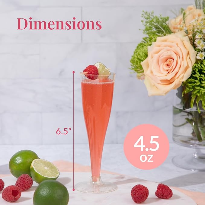 Prestee 48 Pack Champagne Flutes Plastic Disposable - Gold Glitter Flute Glasses for Champagne, Mimosa Bar, New Year's Eve 2025 Party Supplies, Wedding, Shower, Event - 4.5 oz Fairy Stemware