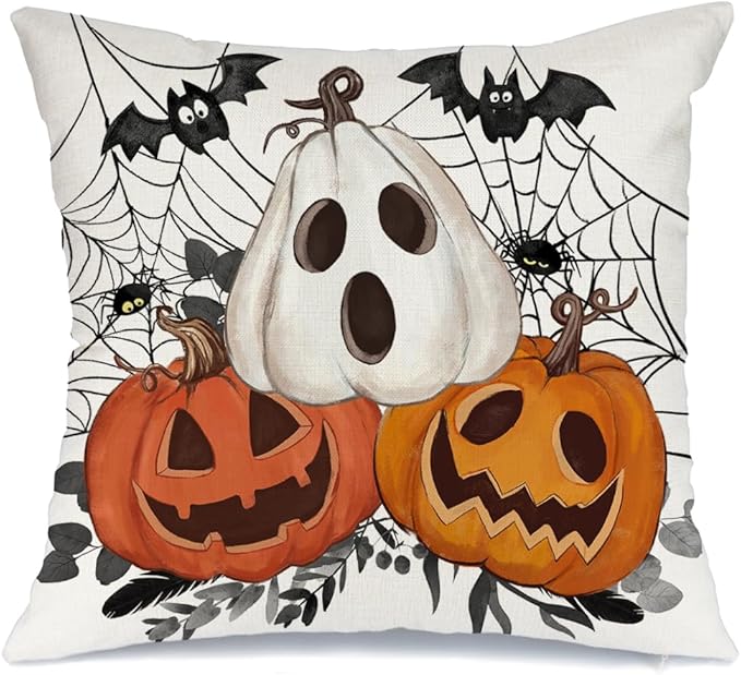 AACORS Halloween Pillow Cover 16X16 Inch Pumpkin Jack-O'-Lanterns Bat Web Decoration Holiday Farmhouse Pillow Case Decor for Home Sofa Couch AA306-16