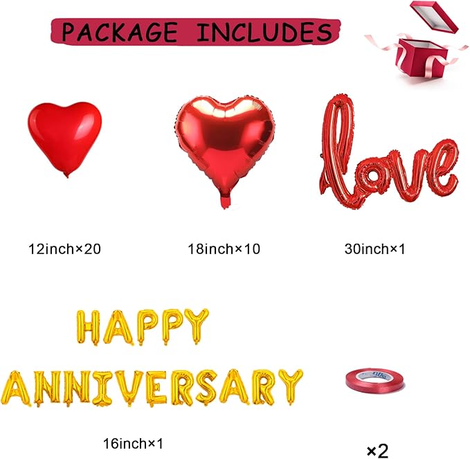 Anniversary Decorations, Happy Anniversary Banner, Red Felt Garland Hanging String Hearts, Heart Balloons, Love Balloon, Red Silk Rose Petals for Wedding Bridal Shower Bachelorette Party Decorations
