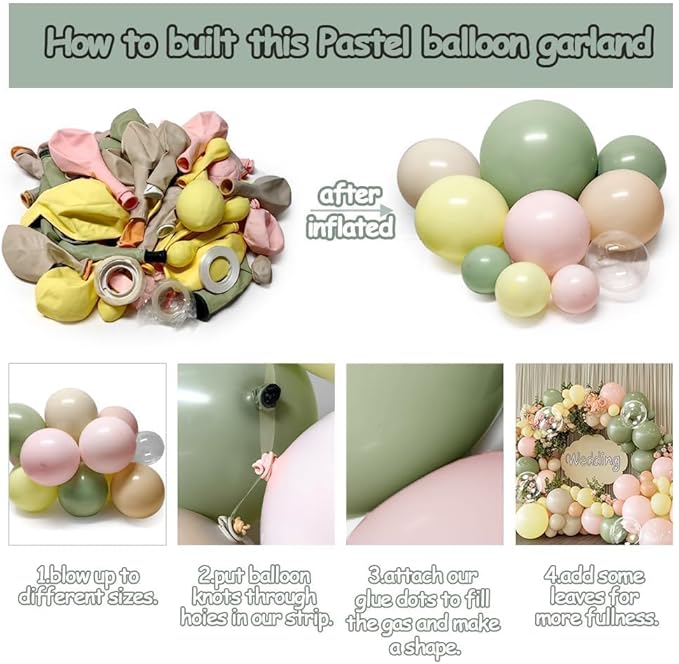 Pastel Green Pink Balloon Arch Kit Double Stuffed Dusty Sage Green Pink Yellow White Sand Balloon Garland Beige Cream Balloons for Baby Bridal Shower Birthday Wedding Fairy Flower Tea Party Decor
