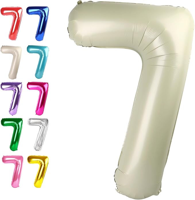Cream White Number 7 Birthday Balloon 40 Inch, Digital Balloons for 7 17 27 70 77 Party Celebration Decorations Supplies, Mylar Foil Numbers Balloon for Seven Wedding Anniversary