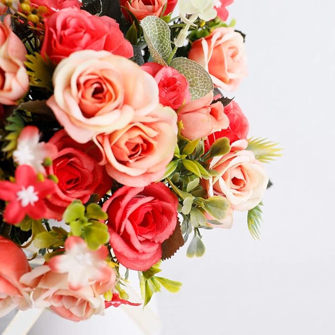 LESING Artificial Silk Rose with Vase Fake Flowers Wedding Flowers Bouquets Arrangement Home Office Party Centerpiece Table Decoration (Red)