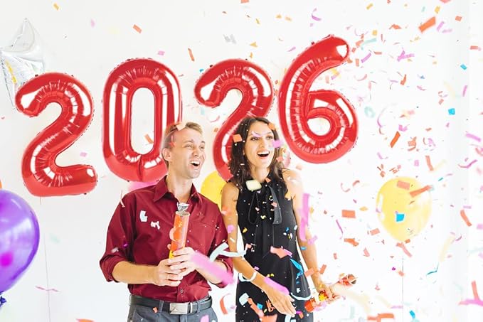 2026 Balloon Numbers - 40 Inch Red New Years Eve Party Supplies 2026, Nye Decor Party Decorations Happy New Year, New Years Eve Foil Party Balloons