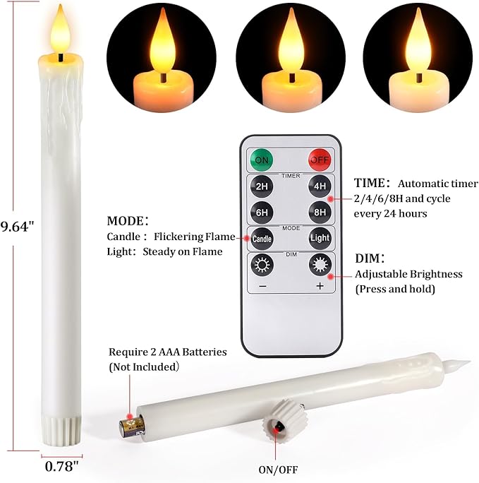 OCATO Flameless Candles with Remote Timer: 8 Pcs Battery Operated Window Candles 9.6" Real Wax LED Flickering Flameless Taper Candles 3D Wick Lights Halloween Christmas Wedding Party Decorations White