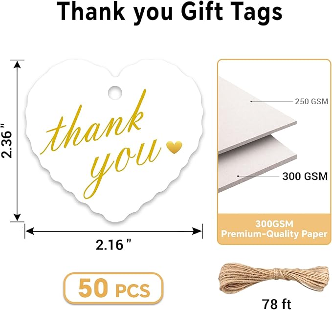 50pcs Gold Foil Thank You Tags with String, Pre-Punched Hole Gift Tags with String - Perfect for Weddings, Baby Showers, Parties, Celebrations - Thanks You (2.36"*2.16")