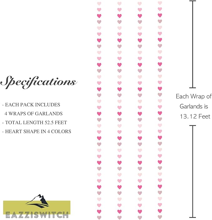 Pink Birthday Bachelorette Party Decorations: Hot Pink Rose Gold Hearts Banner Garland Streamers Backdrop for Wedding Engagement Bridal Baby Girls Shower Mothers Valentines Day Décor - 52 Ft