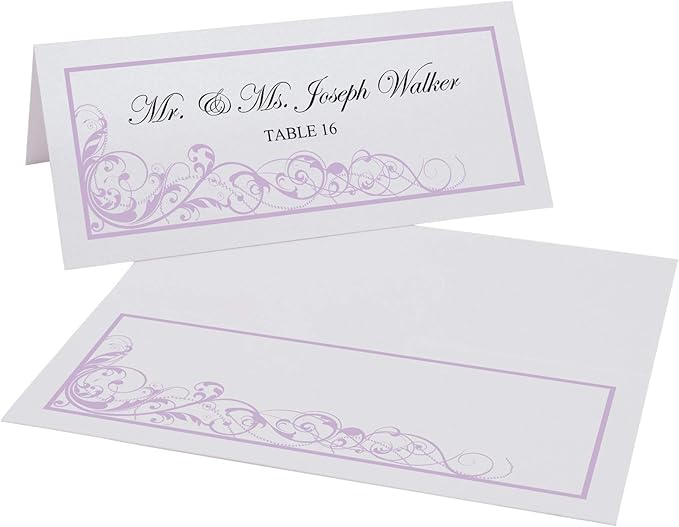 Scribble Vintage Swirl Printable Place Cards, Lavender (Choose Color), Set of 150 (25 Sheets), Laser & Inkjet Printers - Wedding, Party, Dinner, and Special Events