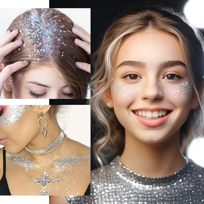 Mysense Silver Body Glitter Stick,Face Hair Glitter Gel for Kids Women,Festival Rave Pride Accessories,Holographic Mermaid Sequin Sparkling Chunky Glitter Makeup,0.56oz