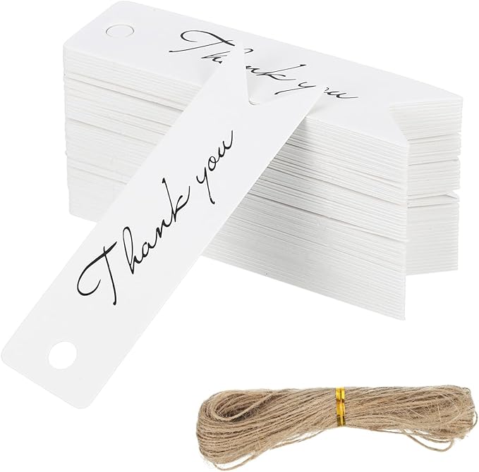 PATIKIL 100 Pcs Blank Gift Tags with String, 2.8x0.8 Inch Kraft Paper Tags Gift Bags Tags Mini Thank You Label with Holes for Wedding Holiday Party Favor Clothes Craft, White
