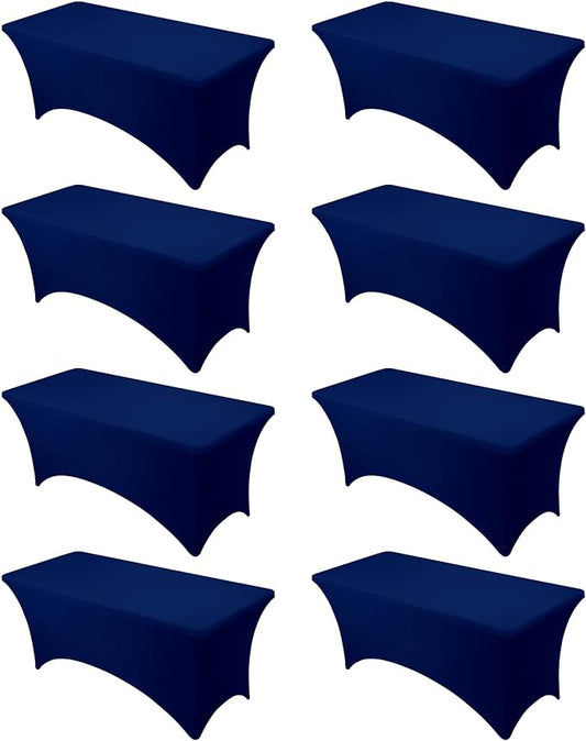 8-Pack Premium Navy Blue Spandex Tablecloths for 6ft Rectangle Tables, Stain & Wrinkle-Resistant, Washable Stretch Polyester Fitted Table Cover for Weddings, Banquets, Trade Shows Events